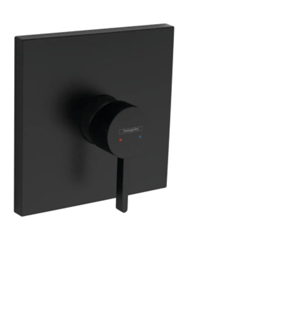 Schwarzer Einhebelmischer von Hansgrohe mit quadratischer Blende und seitlichem Hebel zur Einstellung von Temperatur und Durchfluss.